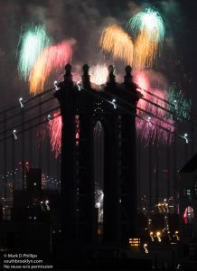 The 2017 Macy's Fireworks over the Manhattan Bridge in New York City from the top of One Brooklyn Bridge. ©Mark D Phillips