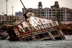 IS Brandtsen pier collapsed into Gownaus Bay at the end of the Gowanus Canal in Brooklyn, NY. American Export-Isbrandtsen Lines, New York, was the leading US-flag shipping company between the U.S. east coast and the Mediterranean from 1919 to 1977. ©Mark D Phillips