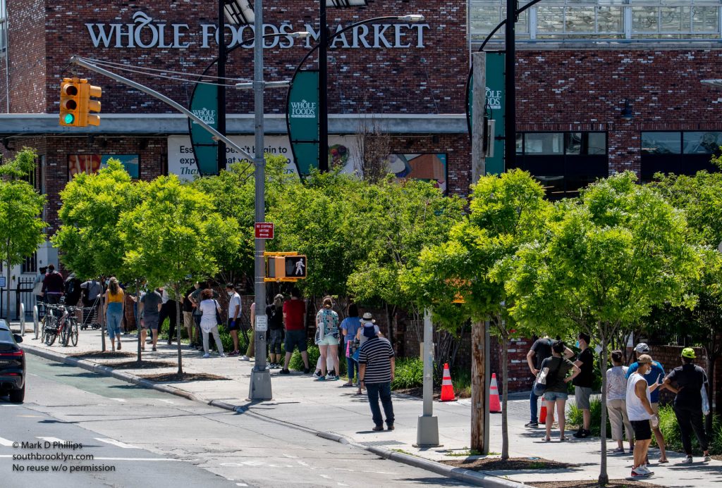 New York City on May 30, 2020, during the Covid-19 pandemic, lining up outside the Gowanus Whole Foods on a Saturday afternoon.