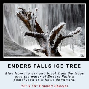 ENDERS FALLS ICE TREE: Blue from the sky and black from the trees give the water of Enders Falls a pastel look as it flows downward. 13” x 19” Framed Special. ©Mark D Phillips