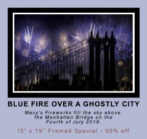 Best Images of 2017 on The South Brooklyn Network: Blue Fire over a Ghostly City; Macy's 4th of July, 2018. ©Mark D Phillips