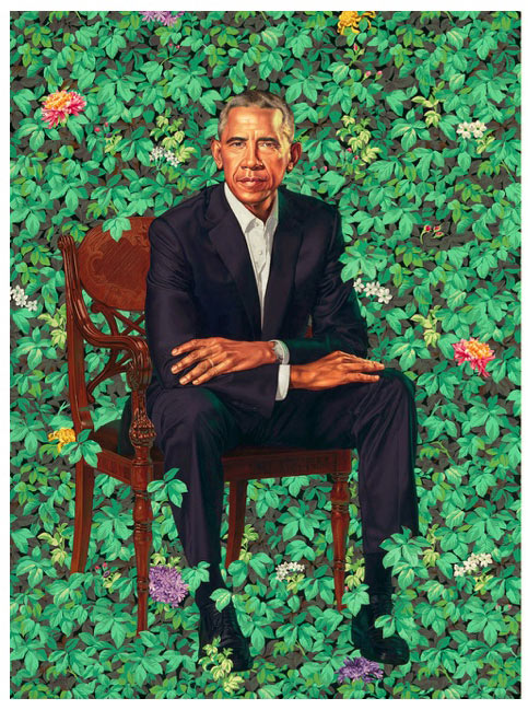 Kehinde Wiley (American, born 1977). Barack Obama, 2018. Oil on canvas, 84 1/18 × 57 7/8 × 1 1/4 in. (213.7 × 147 × 3.2 cm). National Portrait Gallery, Smithsonian Institution.