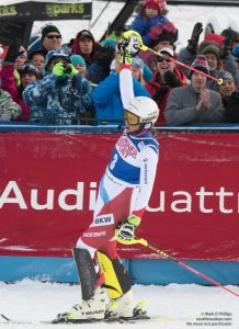 Wendy Holdener of Switzerland celebrates her third place finish in the first run with the crowd at Killington. ©Mark D Phillips