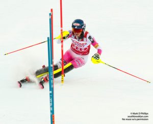 Mikaela Shiffrin shows her form in the first run of the AUDI FIS Ski World Cup Slalom at Killington. ©Mark D Phillips