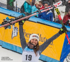 Sofia Goggia of Italy celebrates her first podium with a third place finish in Grand Slalom at the AUDI FIS Ski World Cup in Killigton, Vermont. ©Mark D Phillips