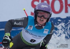 Tessa Worley of France reacts after crossing the finish line to win the AUDI FIS Ski World Cup Grand Slalom at Killigton, Vermont. ©Mark D Phillips