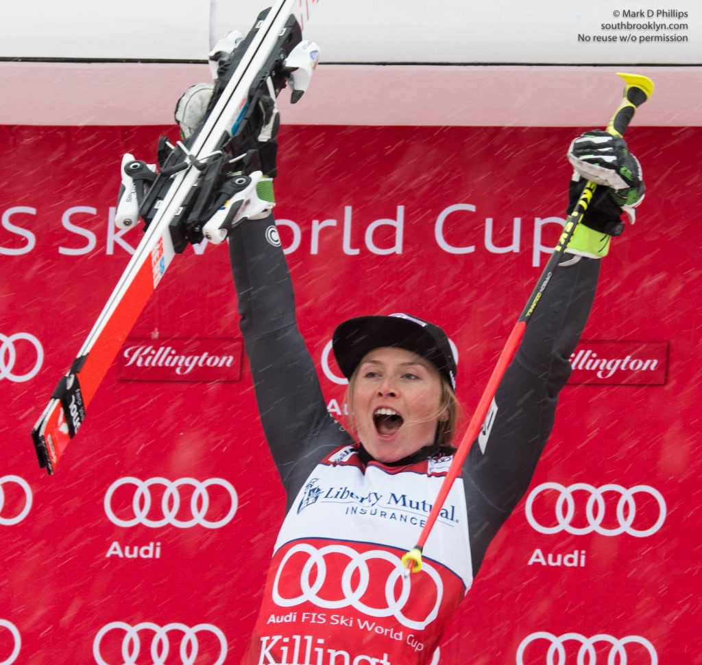 Tessa Worley of France celebrates her win the AUDI FIS Ski World Cup Grand Slalom at Killigton, Vermont. ©Mark D Phillips