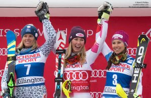 Veronika Velez Zuzulova of Slovakia (2ND), Mikaela Shiffrin (1ST), and Wendy Holdener of Switzerland (3RD)