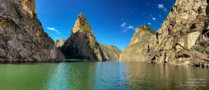 Approaching the Curecanti Needle in the Black Canyon of the Gunnison River on Morrow Point Reservoir in a 3/4 panorama. ©Mark D Phillips