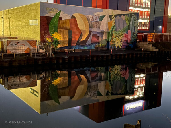 Dykes Lumber has been a fixture on the Gowanus Canal in Brooklyn, NY, and allowed the “Gowanus: Industry & Ecology,” by artists Julia Whitney Barnes and Ruth Hofheimer to be painted on the side of the building at Sixth Street and the Fourth Street basin. The reflection of the mural inspired by Mexico City's floating gardens belies the Superfund status of the waterway. ©Mark D Phillips