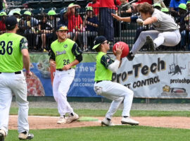 Worcester Bravehearts Andrew Chronister (36), Nate Novia (26) watch teammate Connor Peek tag out Norwich Sea Unicorns Zach Zyons during the kickball inning of the fan rules game on June 8, 2022. Photo by Eliza Phillips