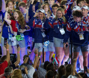 US athletes cheer with the crowd during the opening of the 21st Maccabiah Games at Teddy Stadium in Jerusalem. ©Mark D Phillips