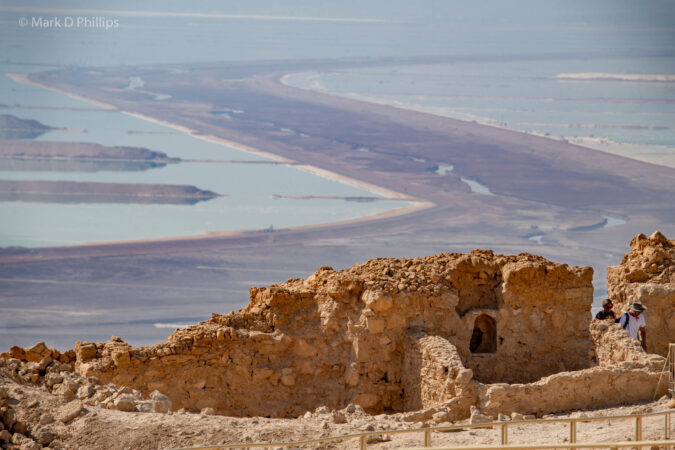 Atop Masada with the South Basin of the Dead Sea split and drying in 2022. ©Mark D Phillips