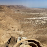 Panorama from atop Masada of lower bastion and Dead Sea. ©Mark D Phillips