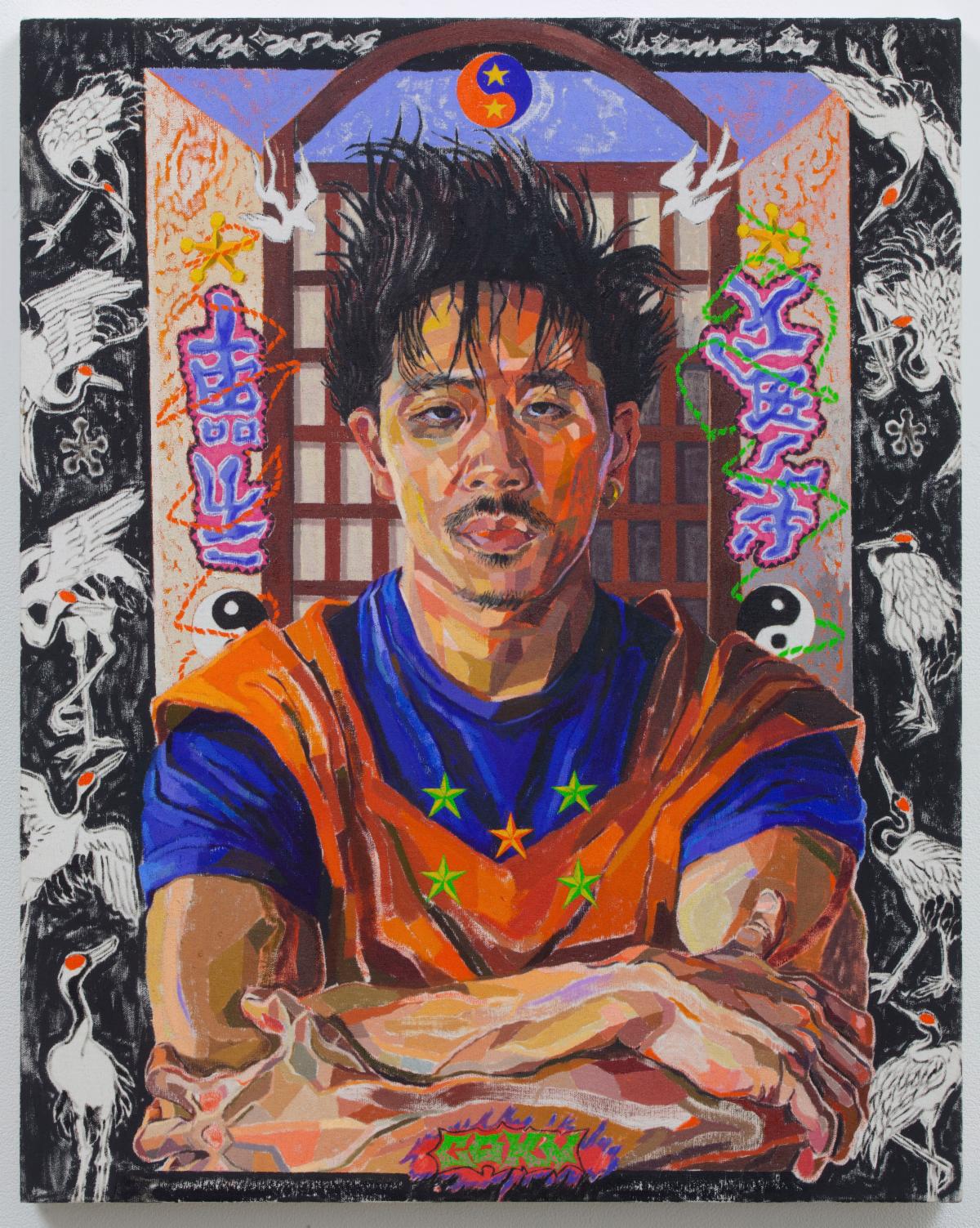 Oscar yi Hou (born Liverpool, UK, 1998). Coolieisms, aka: Sly Son Goku turns 23, 2021. Oil on canvas, 30 × 24 in. (76.2 × 61 cm). Courtesy of James Fuentes LLC. © Oscar yi Hou. (Photo: Jason Mandella, courtesy of James Fuentes LLC)