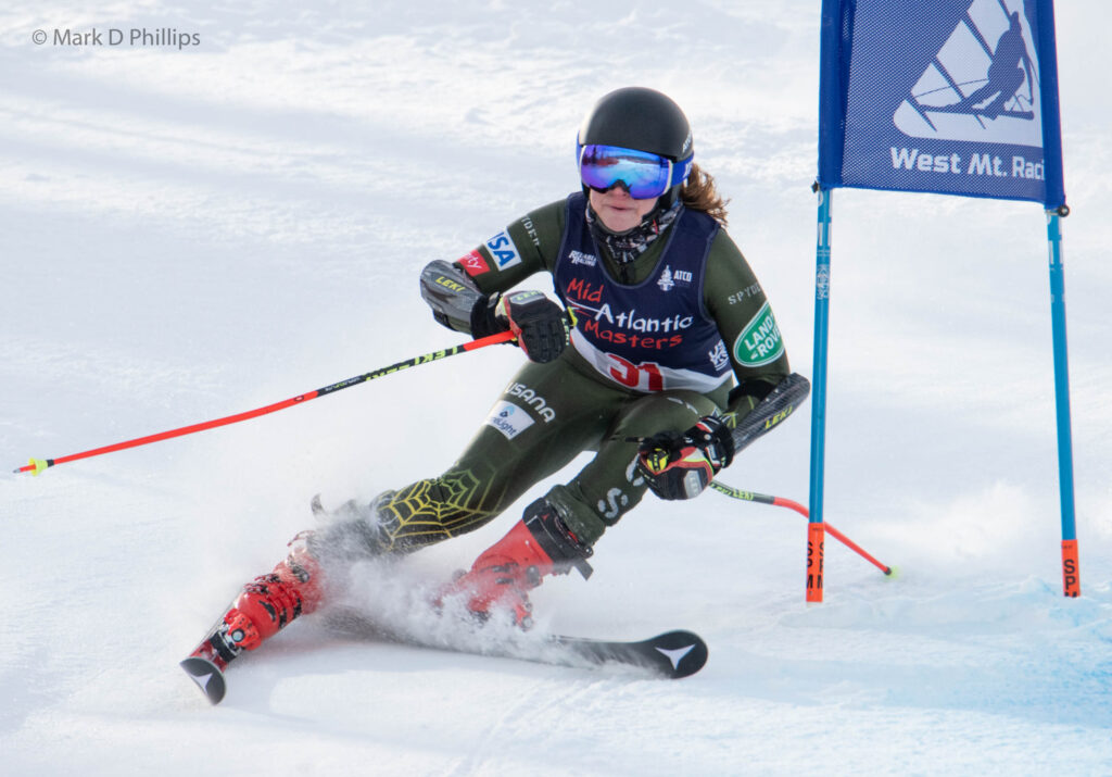 Deb Adams loses an edge passing a gate in the USSA Eastern Regional Championship Masters GS at West Mountain on February 19, 2022. ©Mark D Phillips
