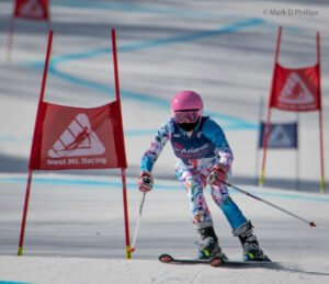 Kathy Hart on the course at the USSA Masters Super G at West Mountain on February 18, 2022. ©Mark D Phillips