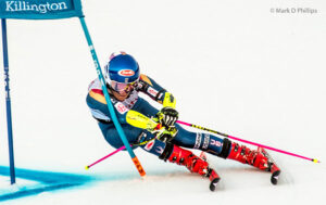 Mikaela Shiffrin takes a gate during the first run of the Ladies' Giant Slalom at the 2017 FIS Ski World Cup in Killington. ©Mark D Phillips