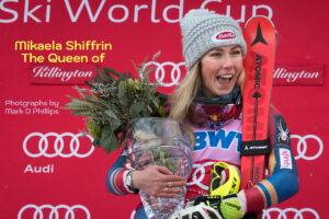 Mikaela Shiffrin celebrates with the Killington Cup trophy after winning the Slalom discipline at the FIS Ski World Cup at Killington, Vermont, on November 26, 2017. ©Mark D Phillips