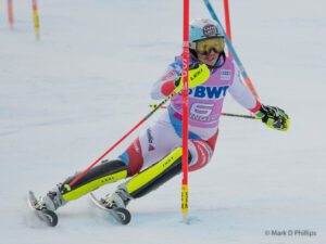 Wendy Holdener of Switzerland attacks the slalom course at The 2019 Killington Cup. ©Mark D Phillips