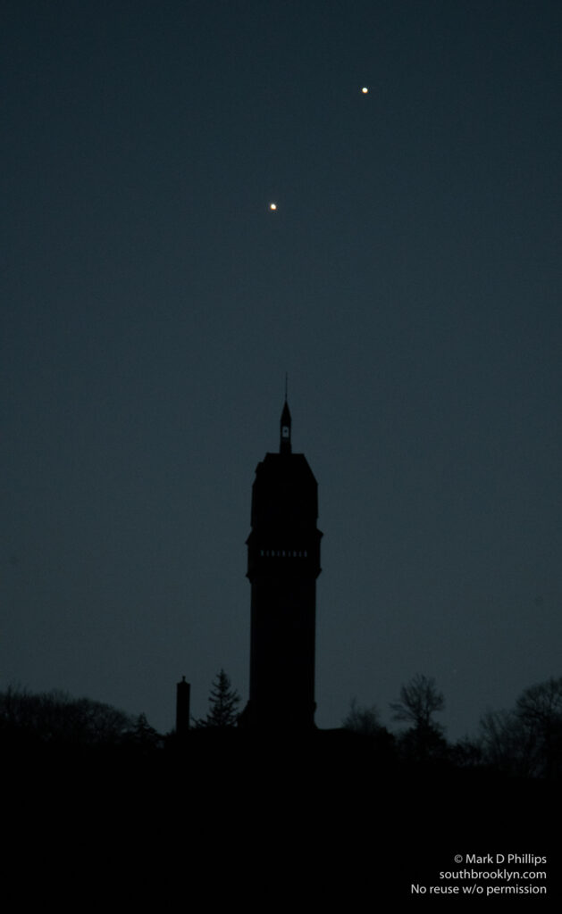Jupiter and Venus together in the sky over Heublein Tower atop Tower atop Talcott Mountain in Simsbury, CT, on May 1, 2022. ©Mark D Phillips