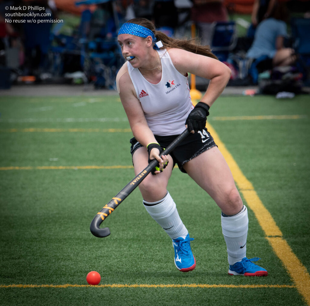 Liza Phillips competes with the USA Maccabiah Field Hockey team on Saturday, May 28, 2022, at the Big Apple Tournament (May 28-29) at Aviator Sports Complex in Brooklyn, NY. They went on to win the Gold Medal in Israel in August. ©Mark D Phillips