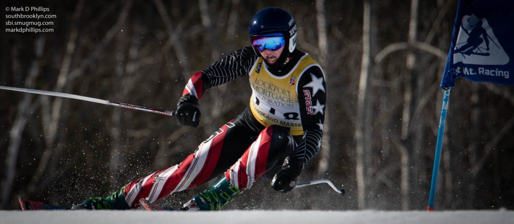 Matt Dodge skis to the fastest time on the mountain with a combined 1:54.96 at the Mid-Atlantic Masters GS Race at West Mountain on February 18, 2023. ©Mark D Phillips